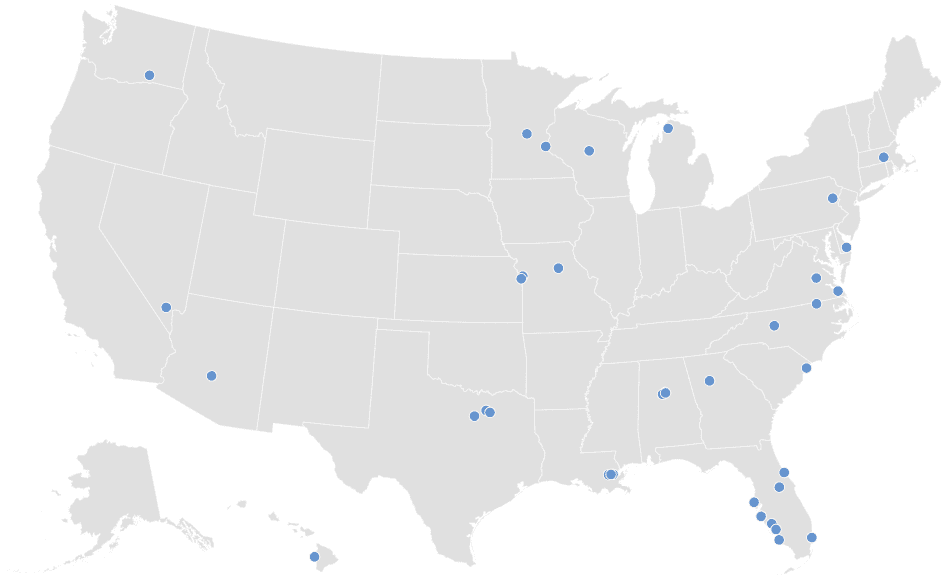 United States dealer coverage map for Custom Glass Films