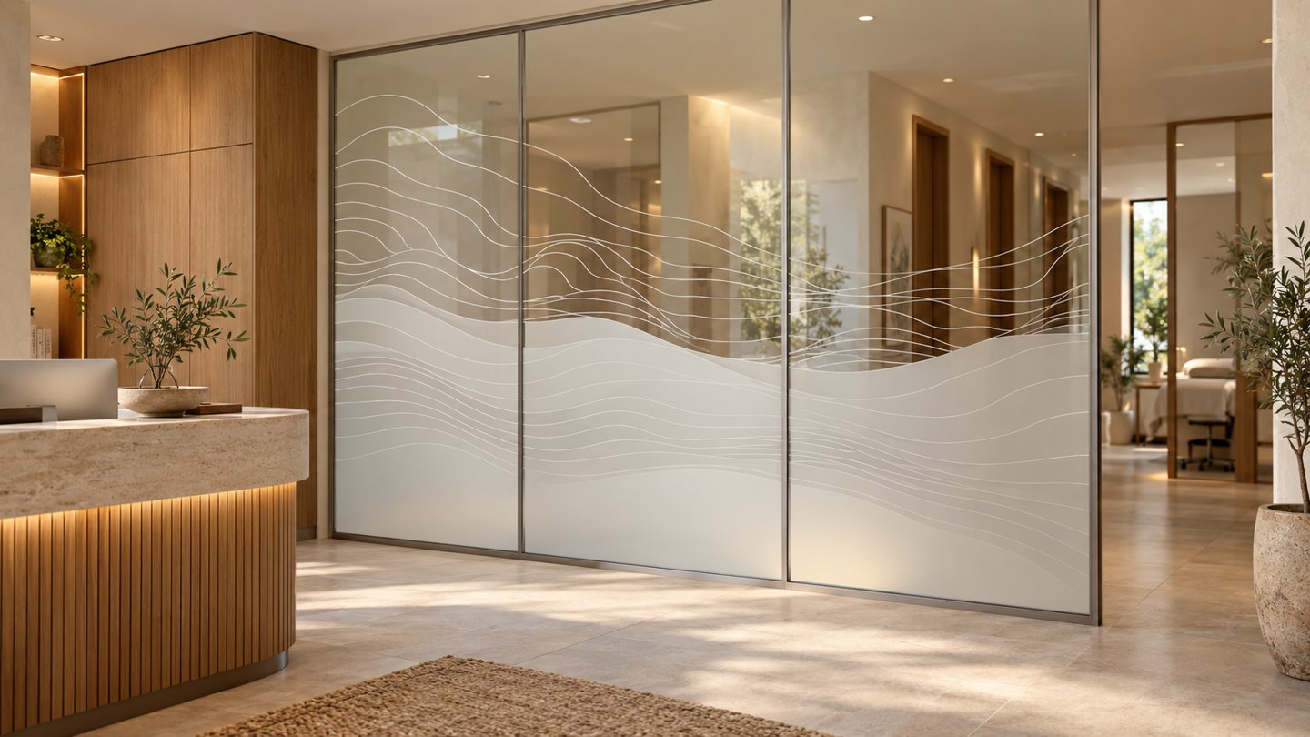Concept rendering of fine contour film on glass in a warm, understated reception interior