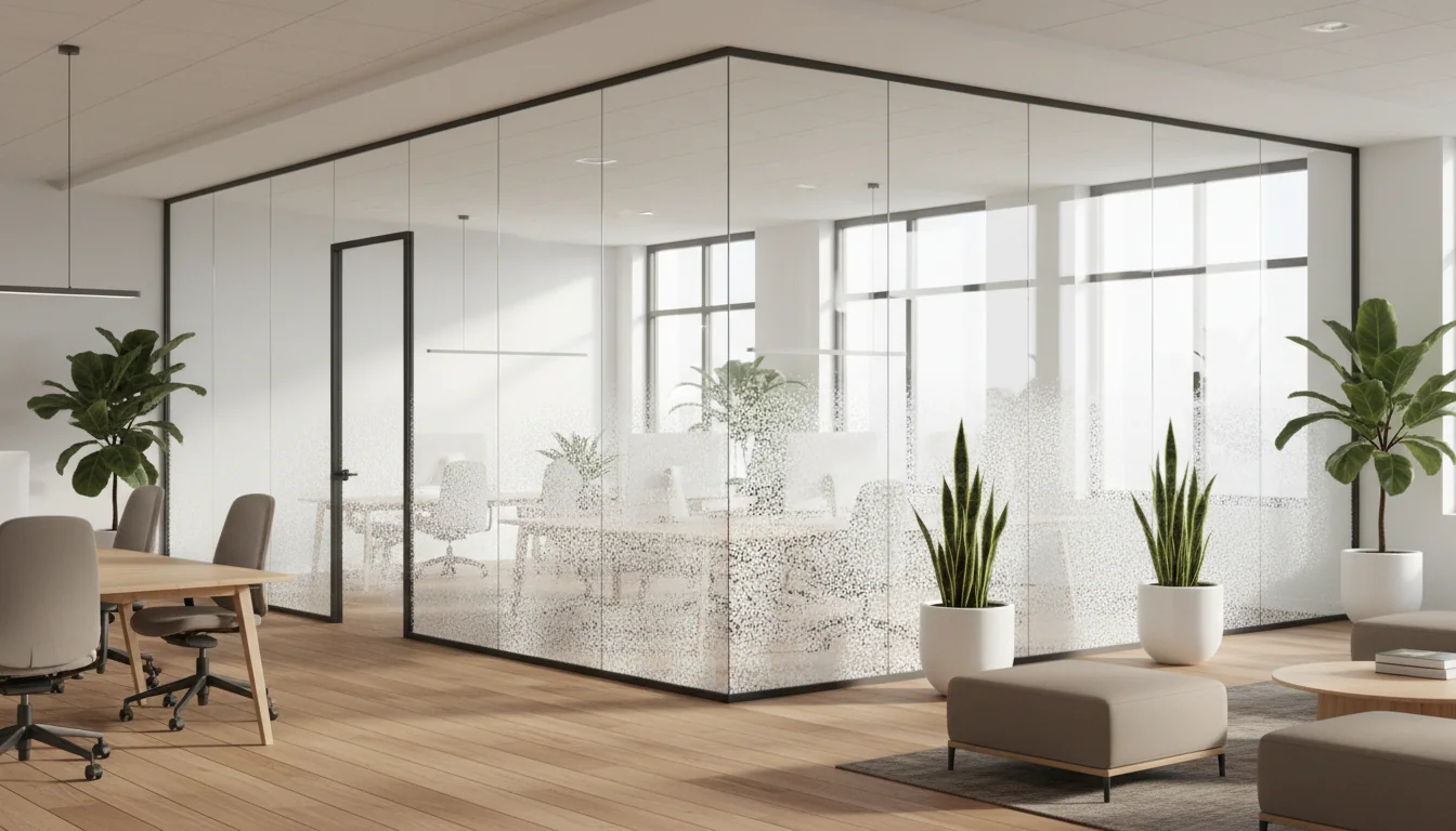 Modern open-plan office with gradient frosted decorative window film on glass partitions